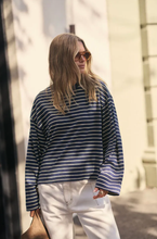 Load image into Gallery viewer, Beau Long Sleeve Slouchy Tee - heritage navy/marshmallow stripe