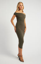 Load image into Gallery viewer, Winnie - Off Shoulder Textured Mesh Fabric Midi Dress - Moss
