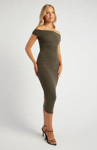 Winnie - Off Shoulder Textured Mesh Fabric Midi Dress - Moss