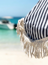 Load image into Gallery viewer, BUSINESS &amp; PLEASURE PREMIUM BEACH UMBRELLA-LAURENS NAVY STRIPE - Bohemian Sundays, Business and Pleasure Co., Buy Boho Bohemian Clothing Online Australia, Kivari, Arnhem, Rowie, Will and Bear
